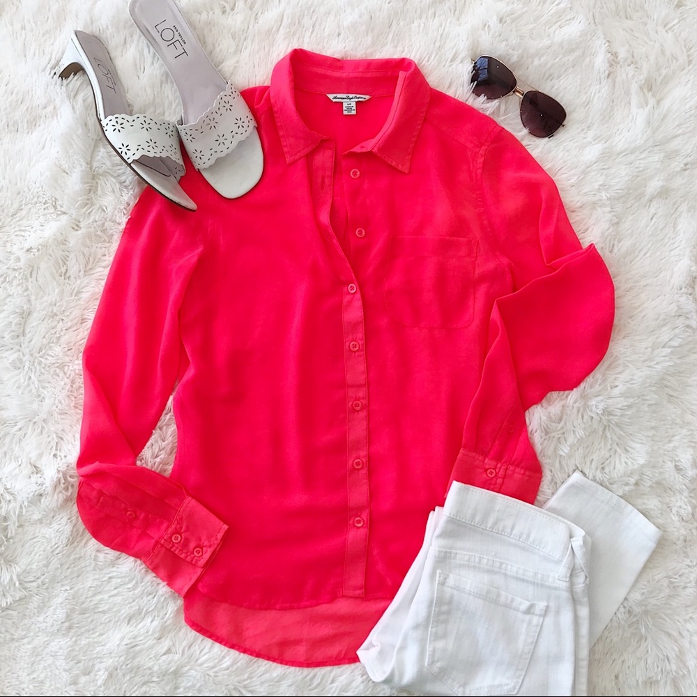 American Eagle Button Down Sheer Blouse Bright Or… - image 1